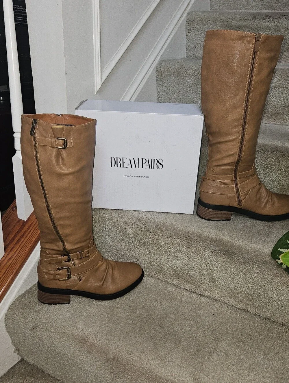 DREAM PAIRS Womens Tall Buckle Riding Boots Camel Sz 8.5 Vegan Leather Wide Calf